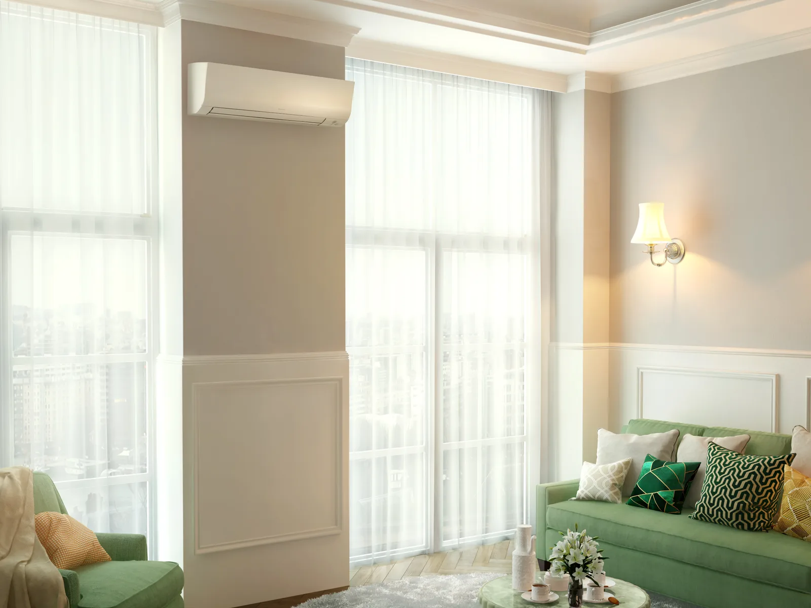 Daikin Perfera wall-mounted air conditioner installed in a bright living room