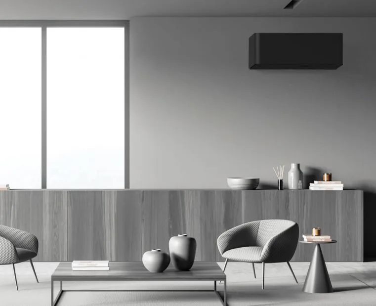 Toshiba SHORAI Curve black wall-mounted air conditioner in a modern interior